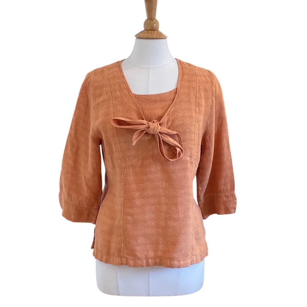 Mosaic USA Peach / Light Orange Tie Front 3/4 Sleeve Linen Blouse, Size S